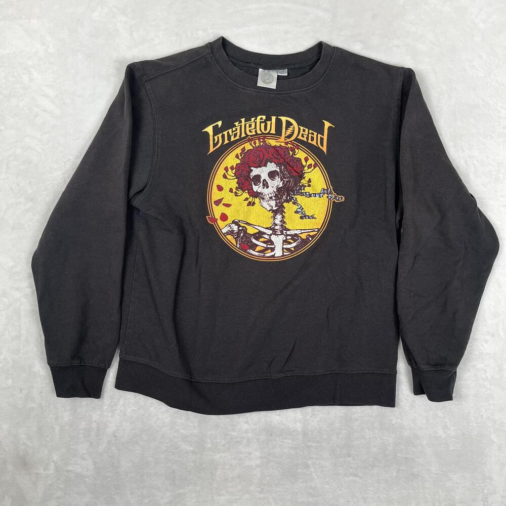 Grateful Dead Sweatshirt Womens Large Black Skull Roses Graphic Fleece Crewneck